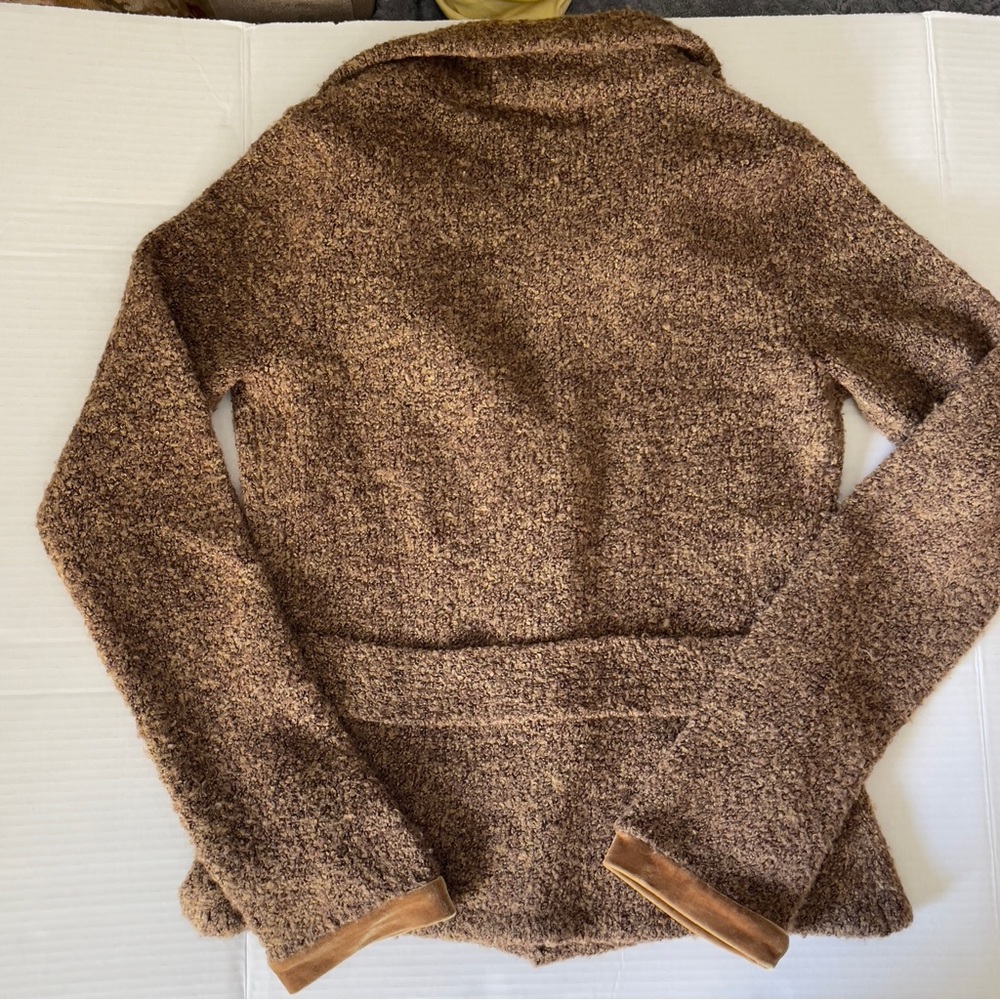 Anthropologie HWR Brown Boucle Knit Gold Velvet Trim Fitted Cardigan Sweater Sm - Picture 6 of 8